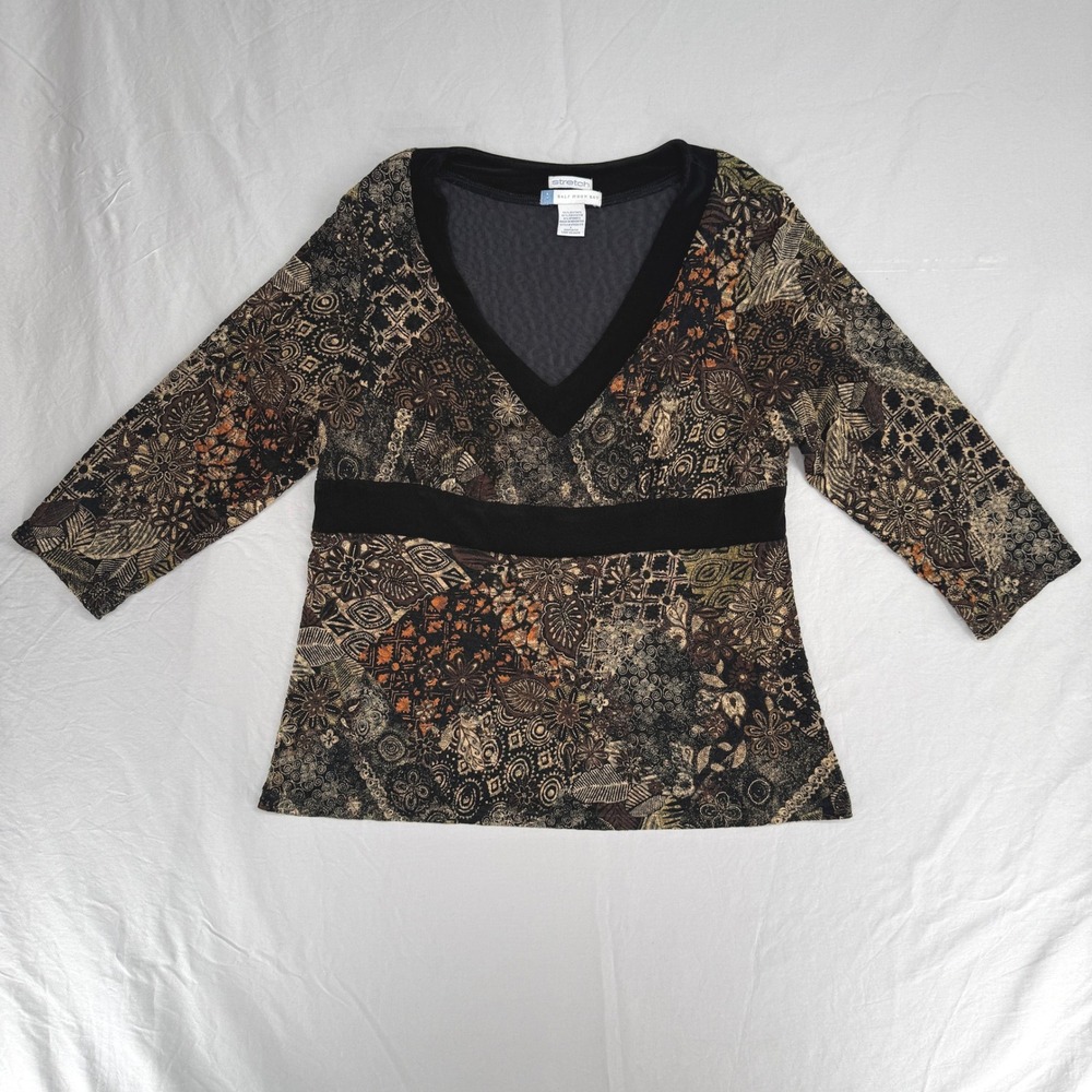 Half Moon Bay Stretch Womens Large V-Neck Empire Waist 3/4 Sleeve Patchwork Top